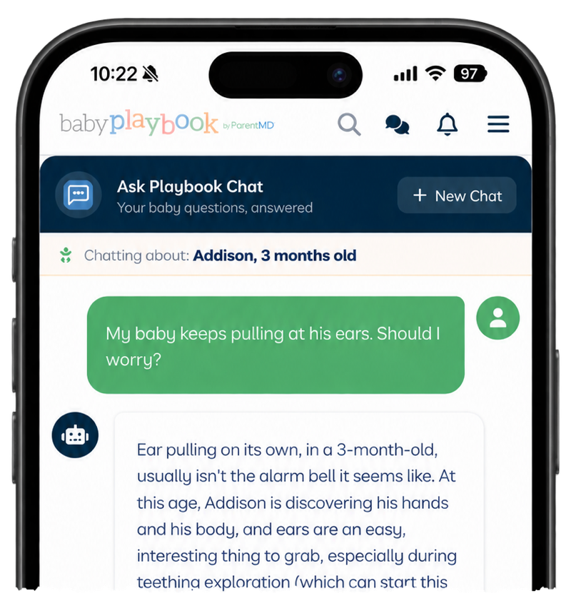 Playbook Chat on a phone answering a question about a baby pulling at his ears