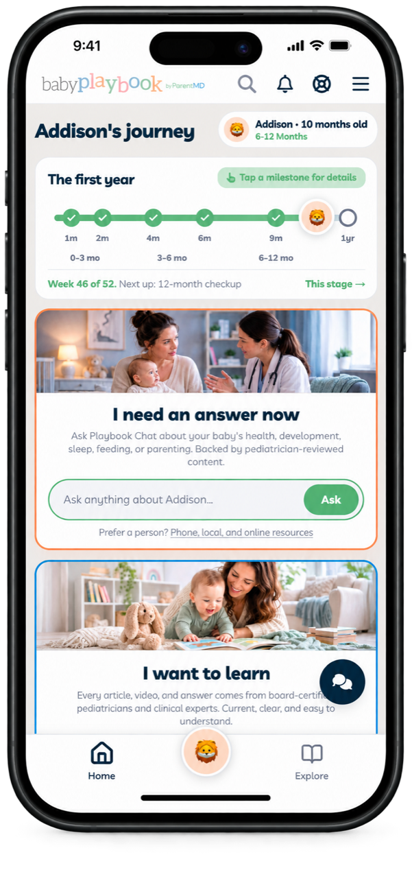 Baby Playbook app on a phone showing a baby's first-year milestone timeline